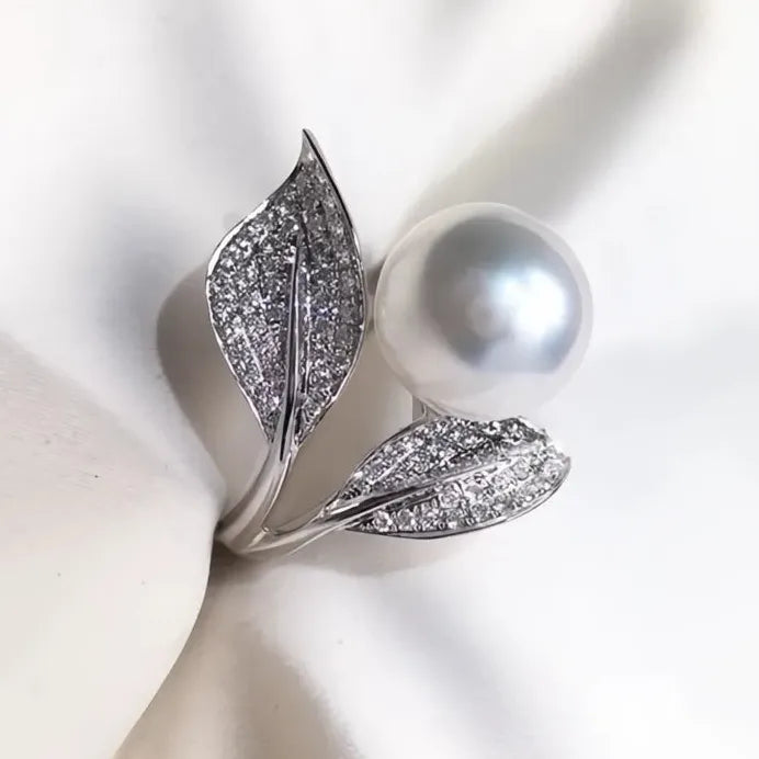 Leaf Design Simulated Pearl Wedding Band Ring for Women Bridal Jewelry