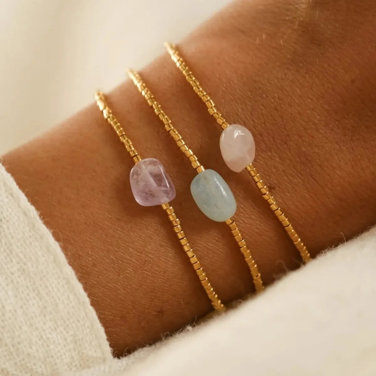 Natural Stone Amethyst Bead Bracelet 18K Gold Plated Geometric Charm Jewelry Gift Waterproof