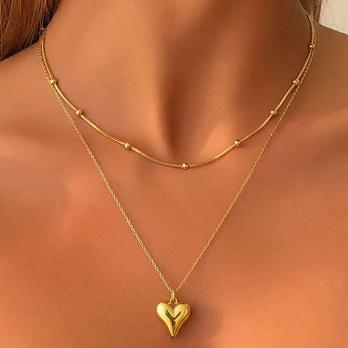 Double-Layer Stainless Steel Heart Pendant Necklace for Women Vintage Jewelry