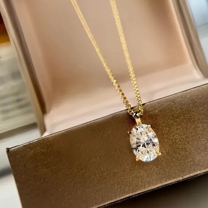 Copper Alloy Gold Oval Geometric Pendant Necklace with Cubic Zirconia