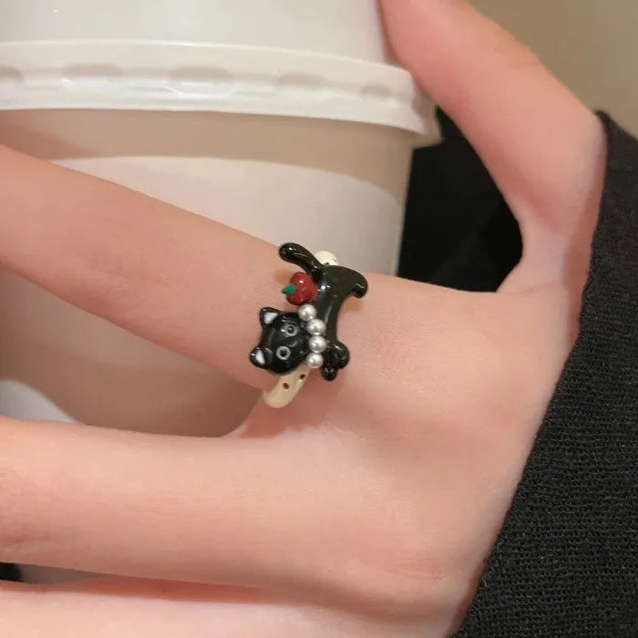 Adjustable Cat Ring for Women Featuring Pearl Inlay Butterfly Apple Gift