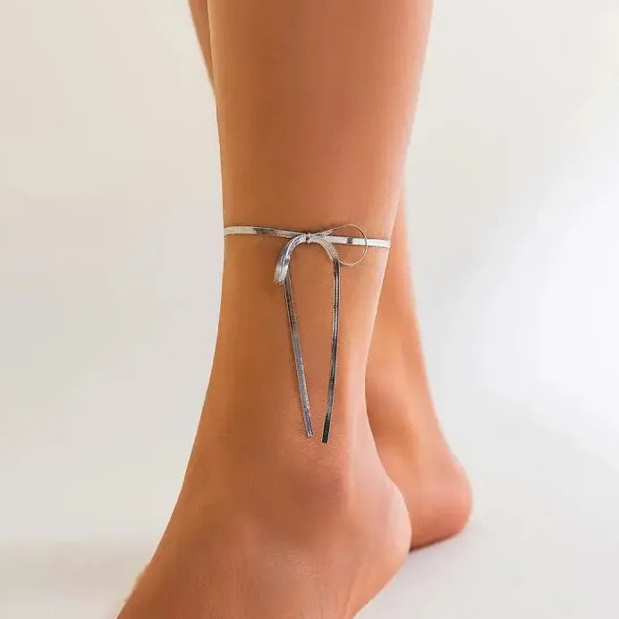 Adjustable Vintage Zinc Alloy Geometric Snake Chain Bow Anklet for Women