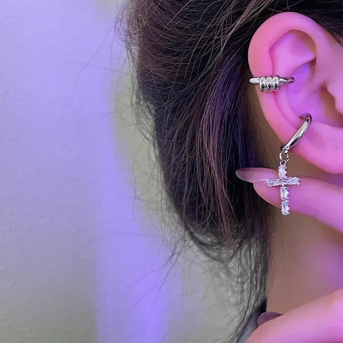 Zinc Alloy Punk Zircon Cross Thorns Clip Earrings for Men & Women Y2K Gift