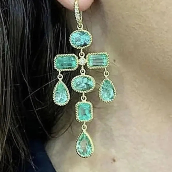 Tassel Long Drop Earrings Green Zircon Pendant Geometric Gold Jewelry Women Zinc Alloy