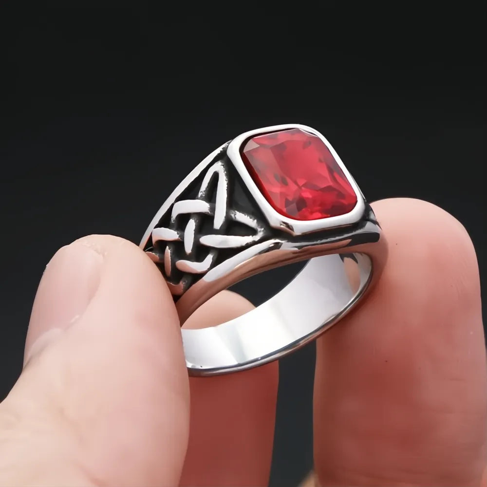 316L Stainless Steel Punk Vintage Red Stone Square Signet Ring Viking Nordic Unisex