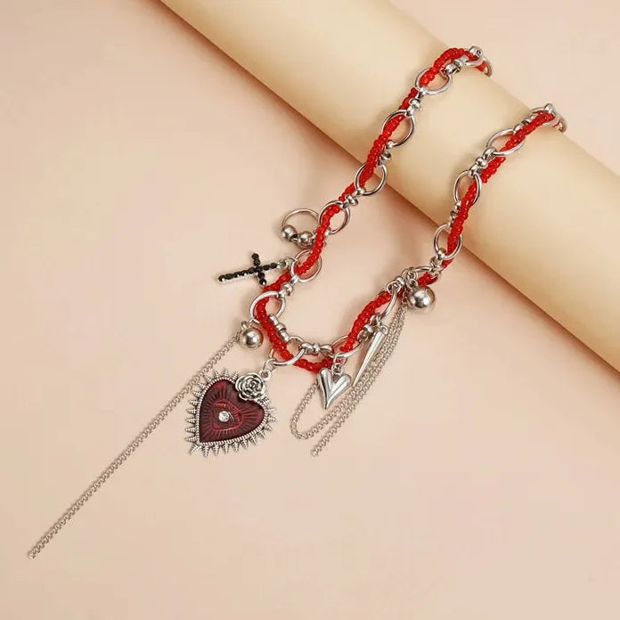 Zinc Alloy Red Beaded Heart Cross Rivet Pendant Necklace Gift