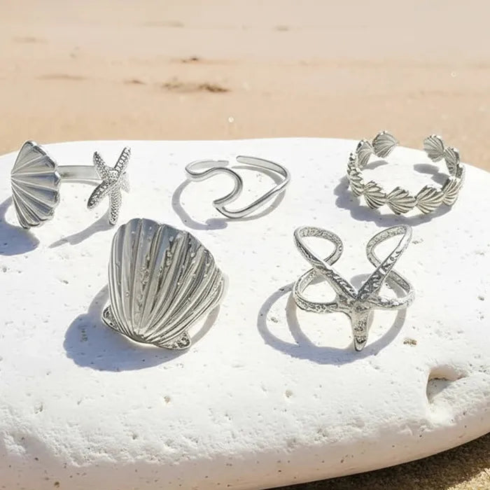 Adjustable Stainless Steel Shell Starfish Ring Set 5Pcs Women Jewelry Gift