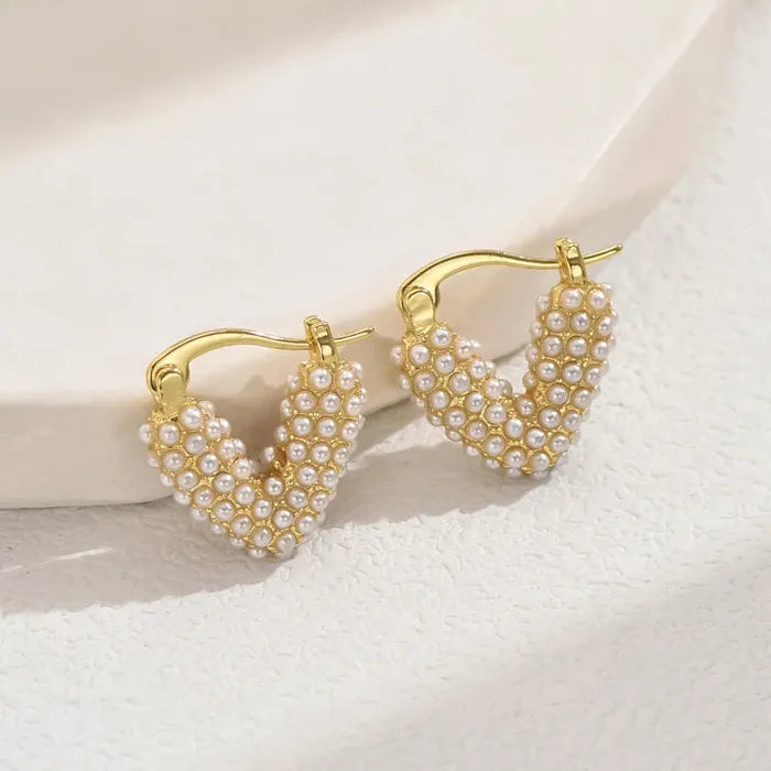 Colorful Heart Pearl Drop Earrings Zinc Alloy V-Shaped Dangle Jewelry
