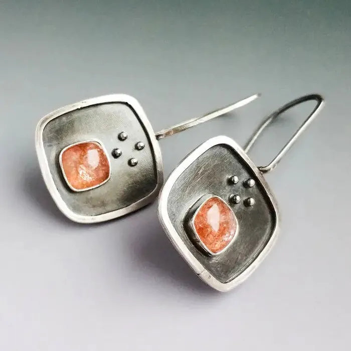 Classic Round Orange Stone Women's Earrings Silver Metal Square Pendant Jewelry