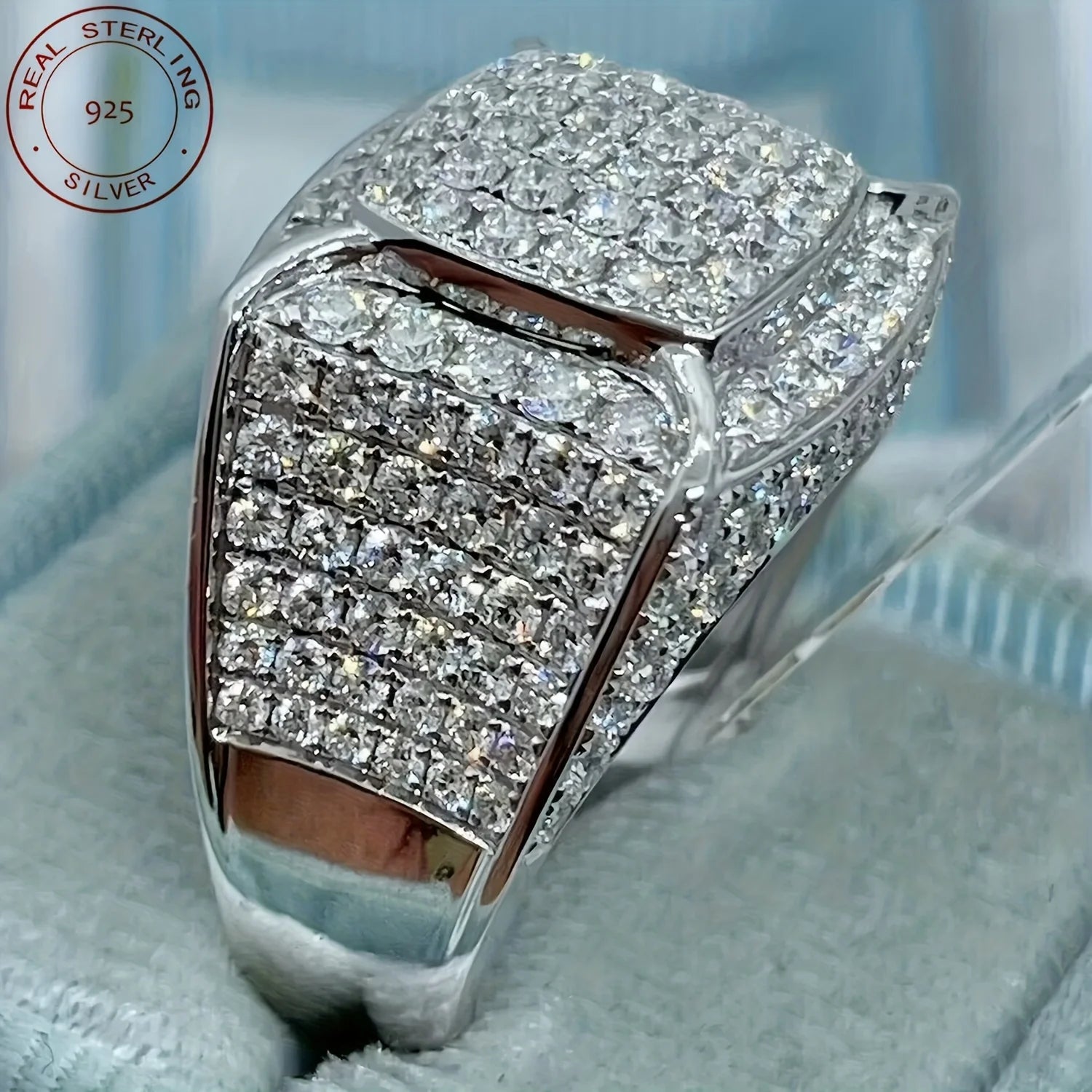 2025 Luxury 925 Sterling Silver Iced Out Square Men’s Hip Hop Wedding Band Ring