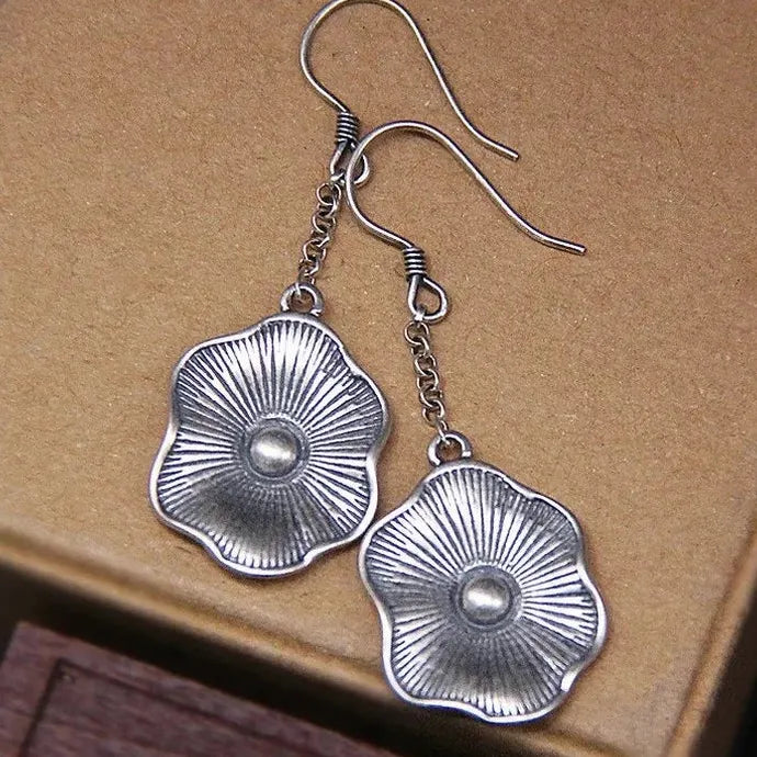 Vintage Silver Flower Earrings Ethnic Metal Round Carving Inlaid Zircon Long Studs
