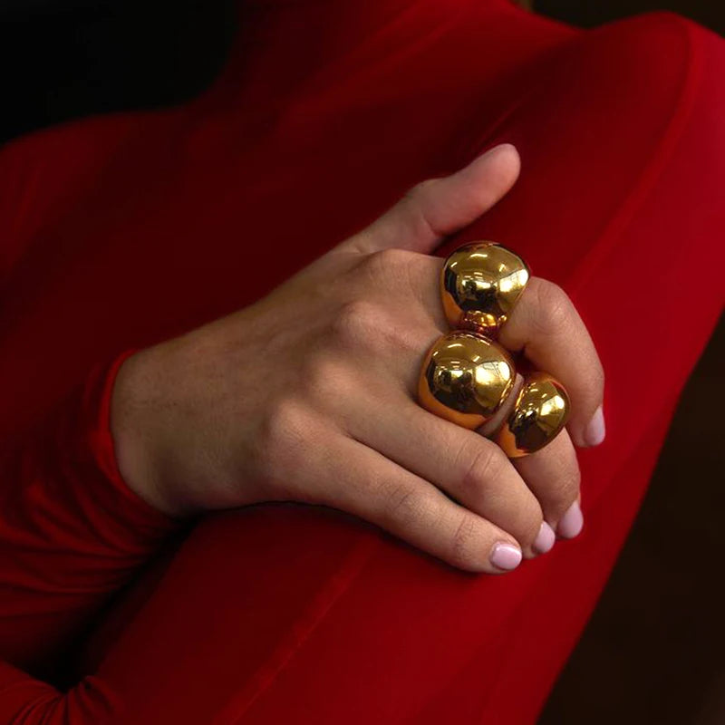 Polished Gold Plated Chunky Wide Stainless Steel Punk Hiphop Ring for Women Girls