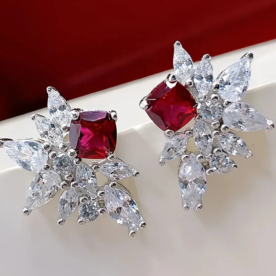 Luxury Red Geometric Cubic Zirconia Stud Earrings for Women Jewelry
