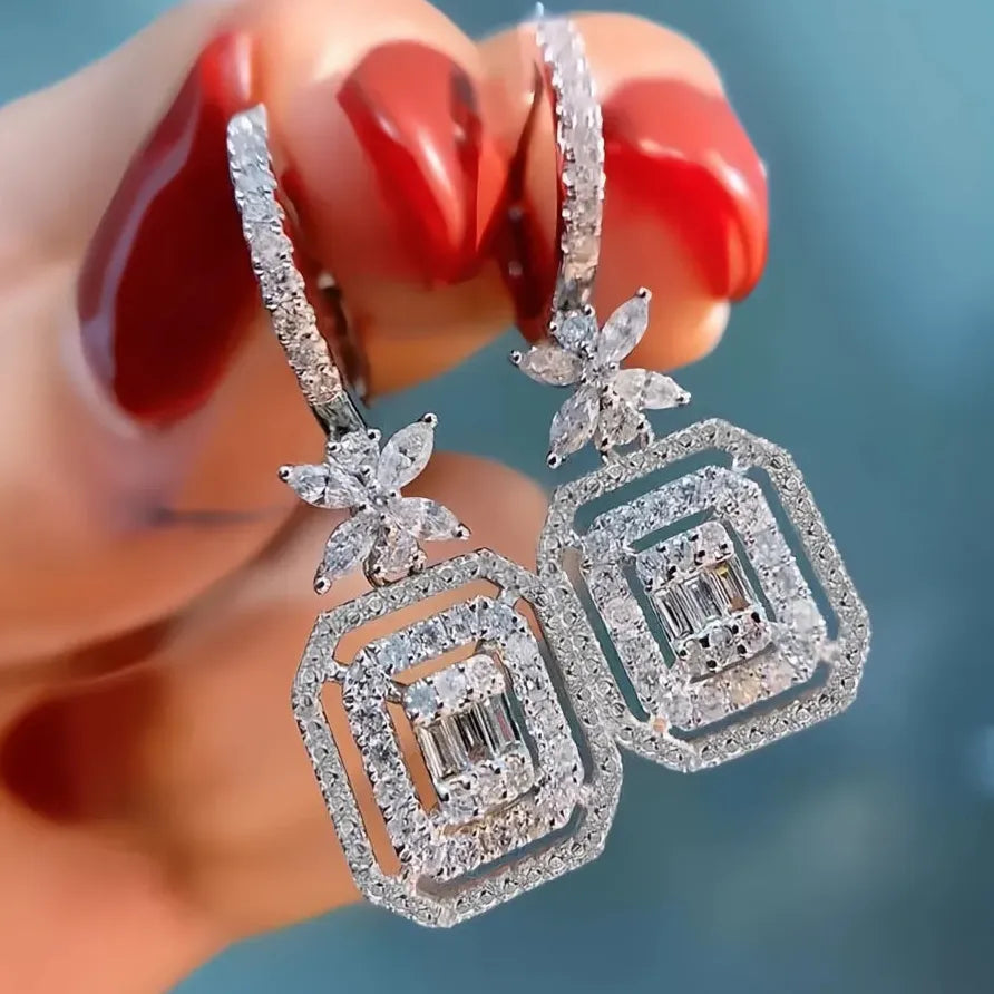 Geometric Silver Flower Cubic Zirconia Dangle Earrings for Women Gift