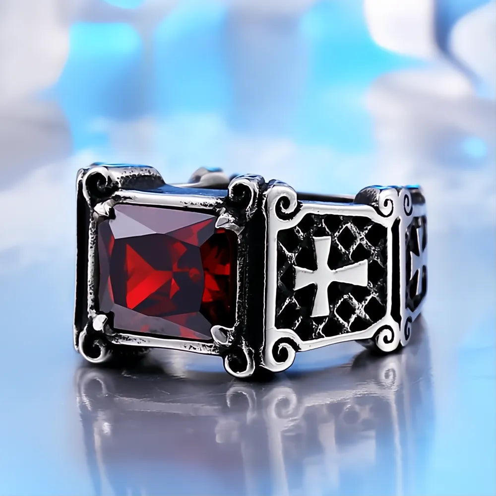 Vintage Stainless Steel Cross Rings Unisex Men Women Classic Red Black Stone Jewelry