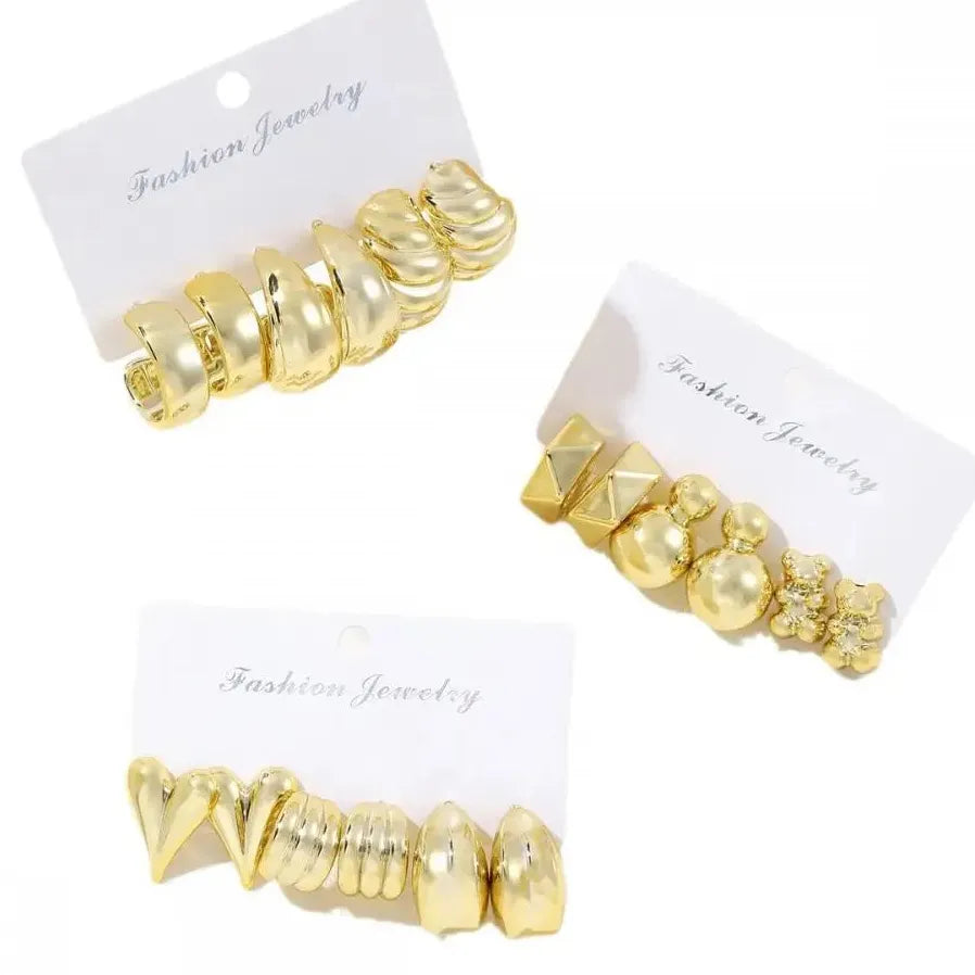 6Pcs Gold Heart Bear Drop Earrings Women Twisted Metal C-Shape Jewelry Gift