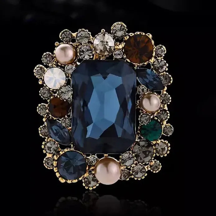Retro Vintage Square Crystal Pearl Brooch Classic Geometric Pin