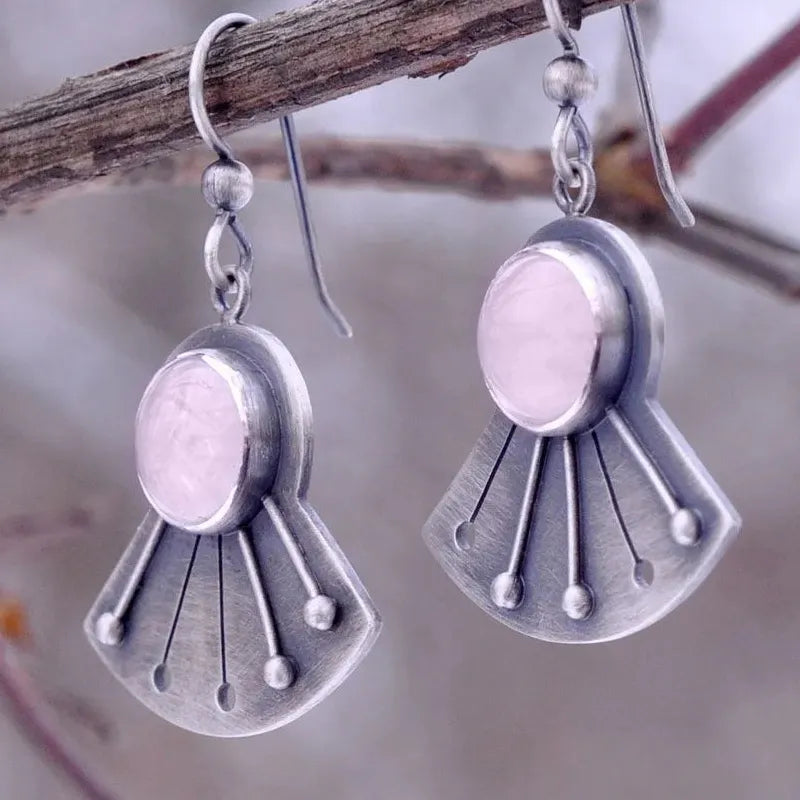 Vintage Zinc Alloy Carved Flower Fan-Shaped Earrings with Pink Gemstone Pendant for Women