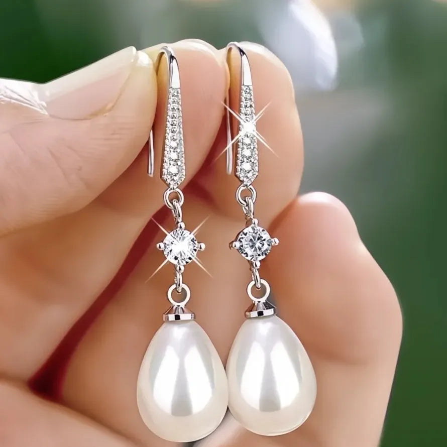 Women Drop Earrings Imitation Pearl CZ Copper Alloy Geometric Wedding Jewelry