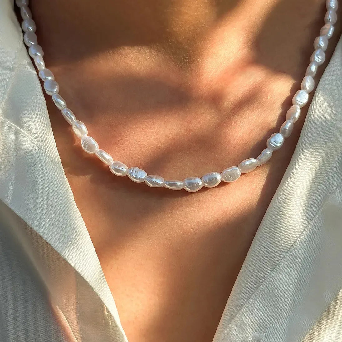 Oval Imitation Pearl Chain Bracelet Necklace Men Women Handmade Classic Jewelry Set