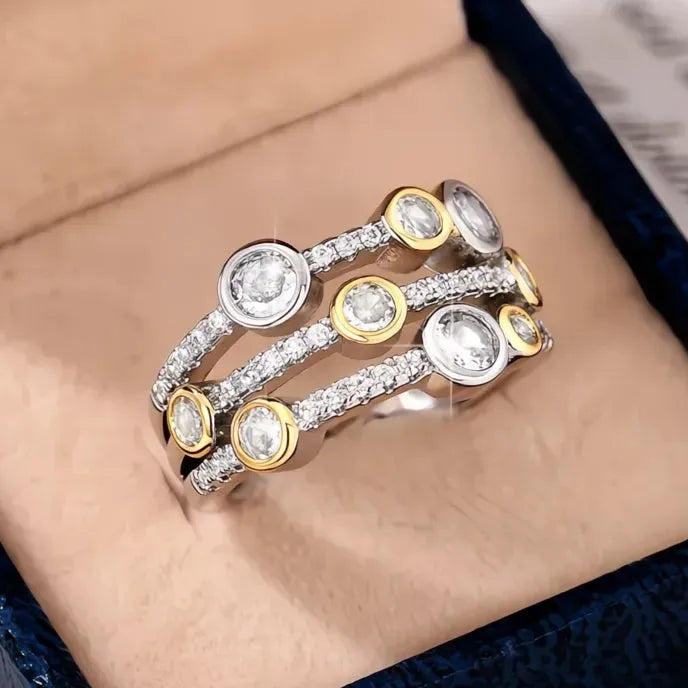 Personality Two Tone Three Line Women’s Wedding Band Ring Brass CZ Sparkling Fashion Jewelry