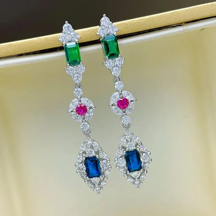 Geometric Green CZ Dangle Earrings for Women Copper Drop Wedding Jewelry