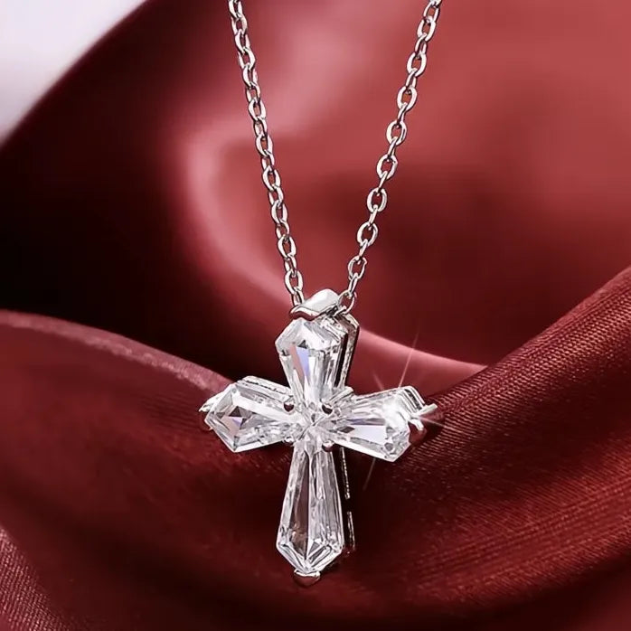 Silver Cross Pendant Necklace with Crystal Cubic Zirconia Wedding Jewelry for Women