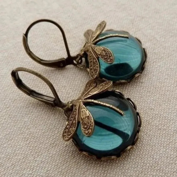 Vintage Bronze Dragonfly Drop Earrings with Moonstone Inlaid Zinc Alloy Jewelry for Women