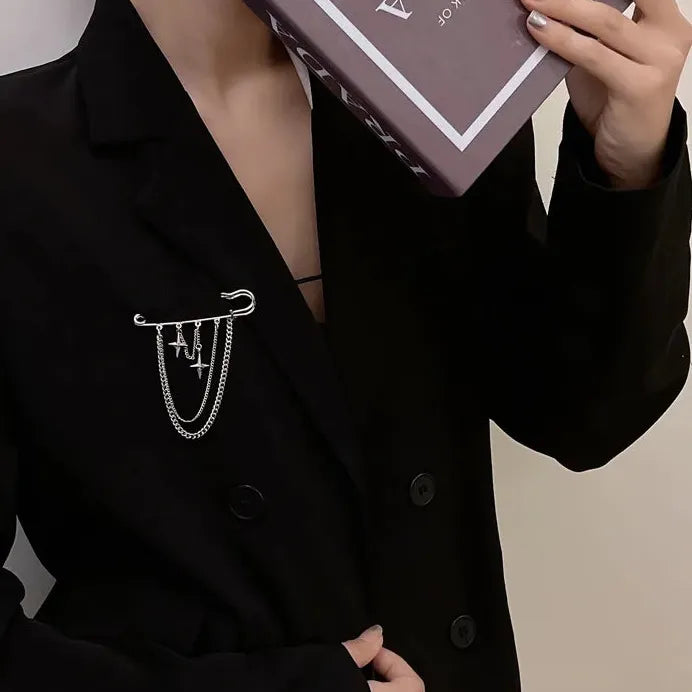 Punk Cross Multilayer Chain Tassel Brooch Zinc Alloy Pin for Men Women