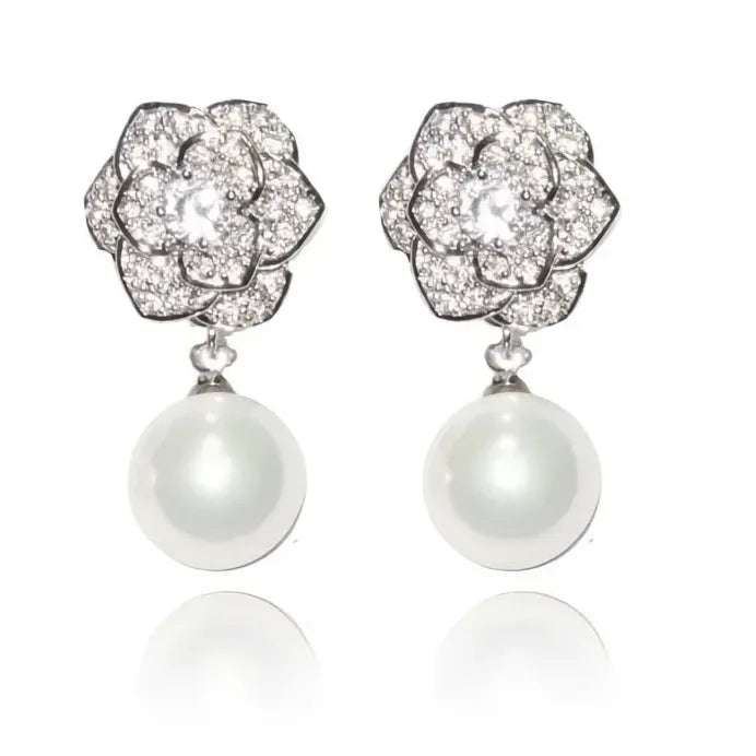 Elegant Flower Imitation Pearl Drop Earrings for Women Wedding Jewelry