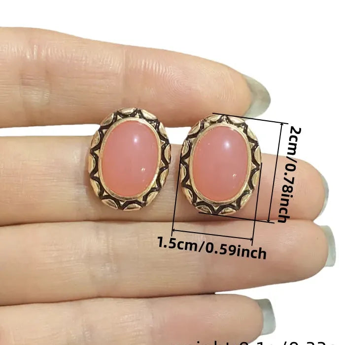 Retro Natural Rouge Pink Gemstone Earrings Zinc Alloy Arabic Ethnic Style Jewelry