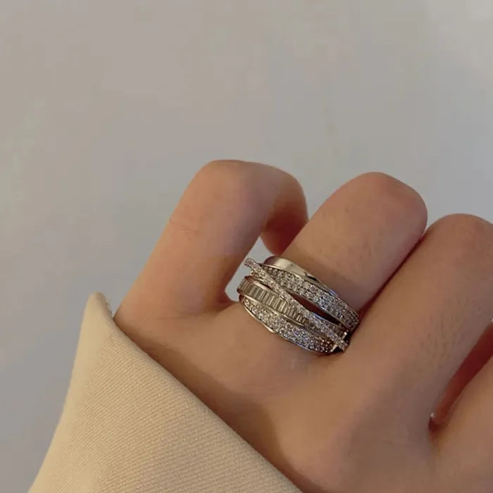 2026 Silver Rhinestone Multi-layer Winding Stainless Steel Wedding Ring Set