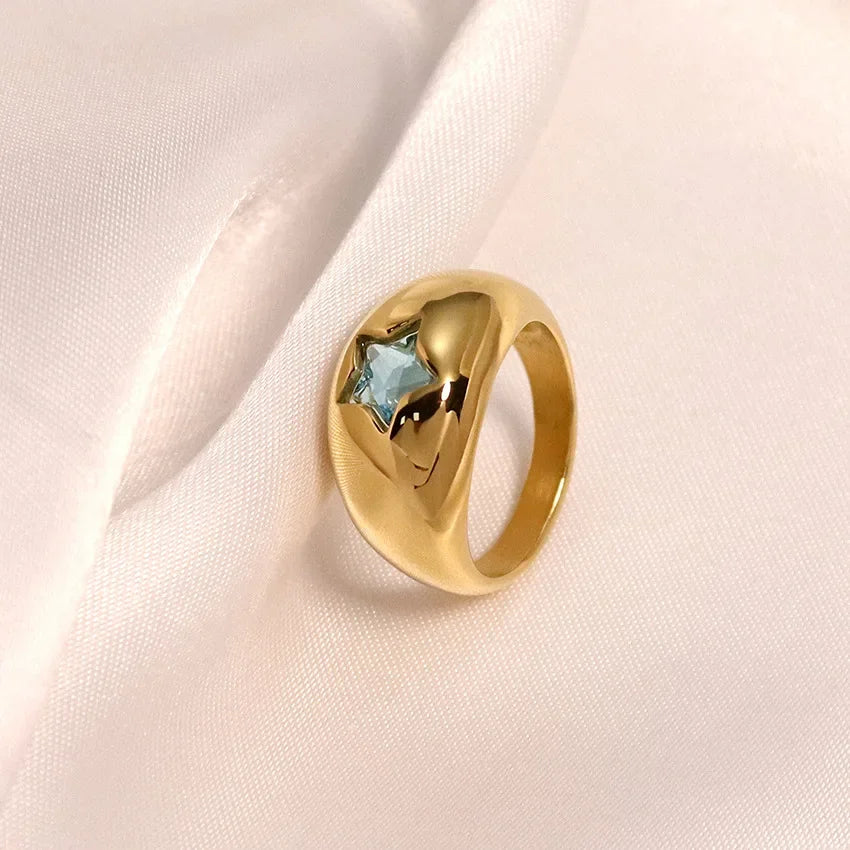18K Gold Plated Stainless Steel Star Ring for Women Pink Zircon Dome Band
