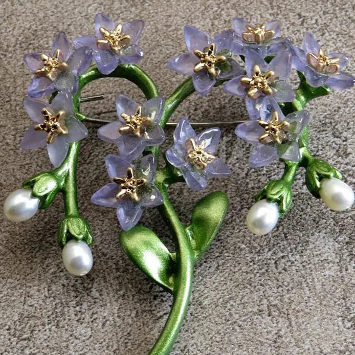 Purple Flower Enamel Brooch Pin Pearl Corsage Retro Style for Women