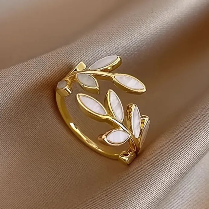 Geometric White Enamel Branch Opening Ring for Women – Aesthetic Gift