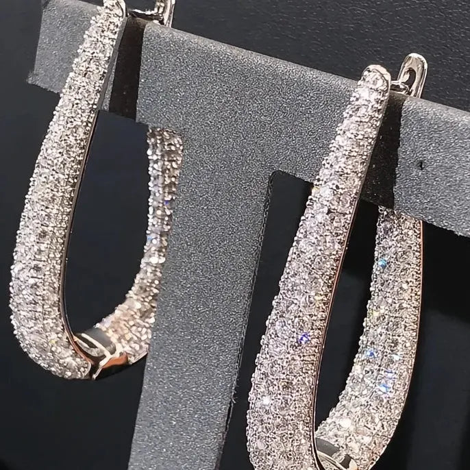 Silver Color Hoop Earrings for Women with Bright Cubic Zirconia, Fashion Party Jewelry Gift