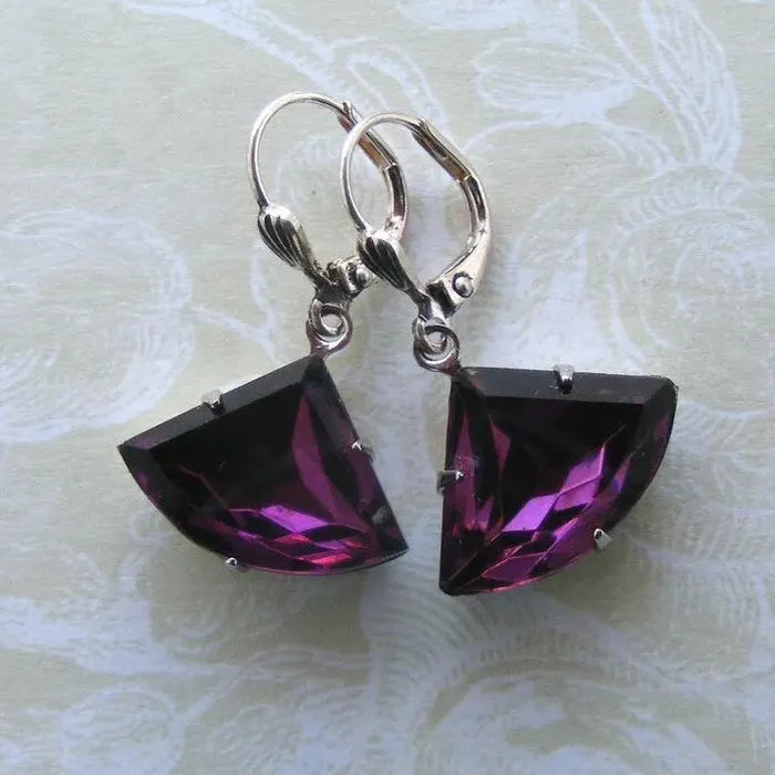 Vintage Fan-Shaped Crystal Pendant Earrings for Women Zinc Alloy Jewelry