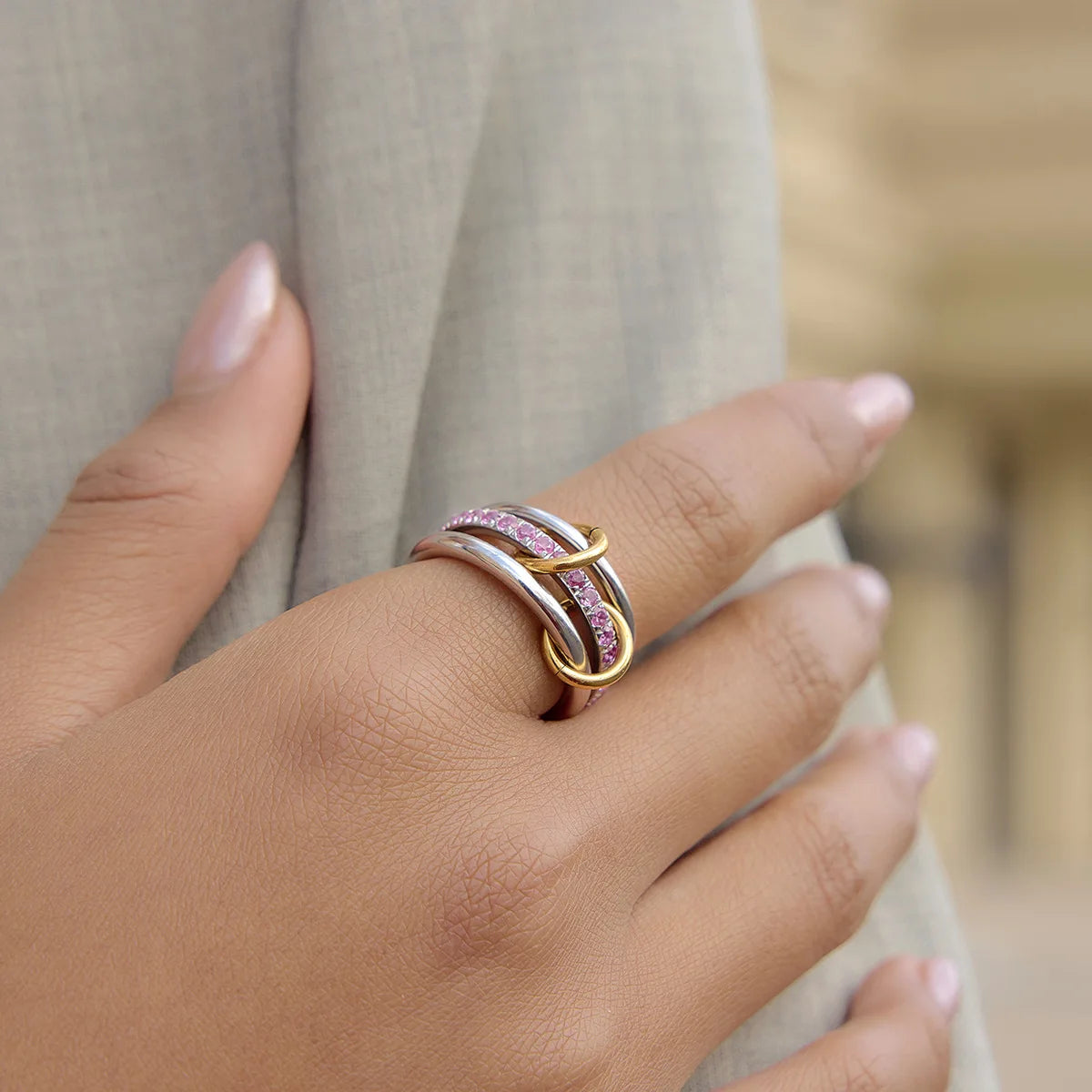 18k Gold Plated Stainless Steel CZ Multi Layer Stackable Knuckle Ring Women