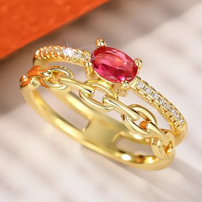 Gold Red Cubic Zirconia Women's Geometric Wedding Party Band Ring