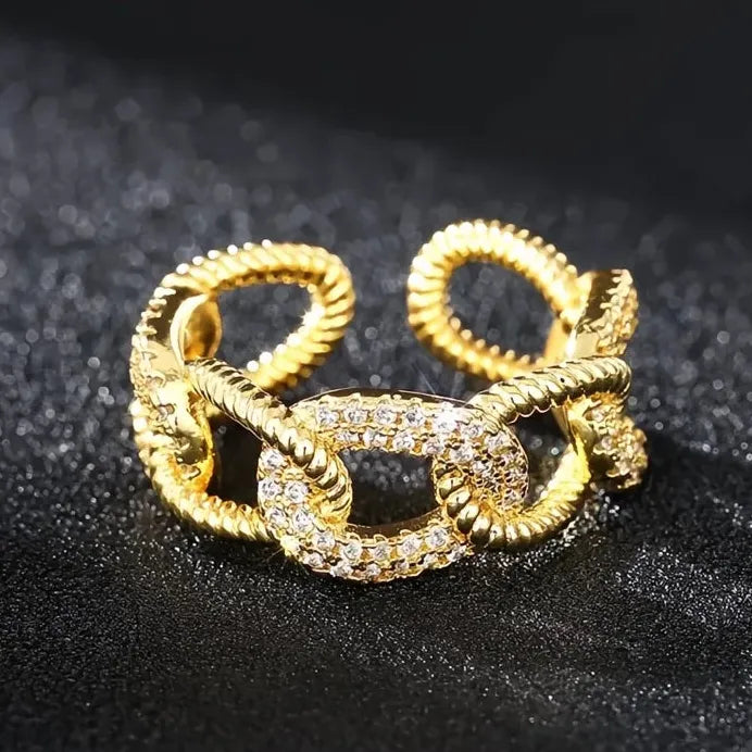 Adjustable Gold Brass CZ Chain Link Geometric Ring for Women