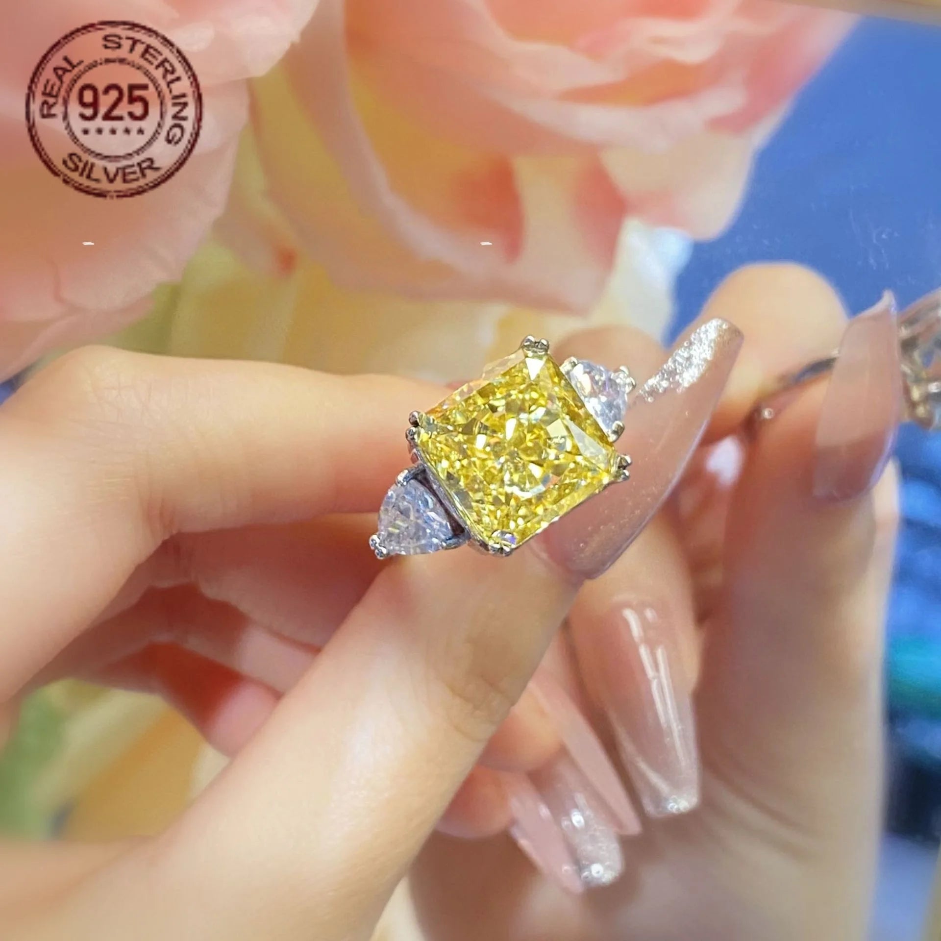 12MM Square Ice Flower Yellow Citrine Ring 925 Sterling Silver Women