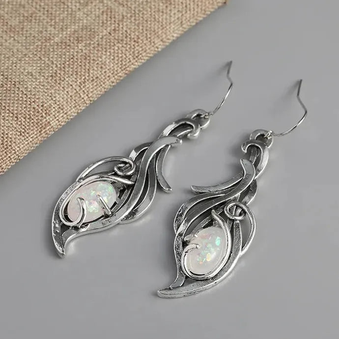 Oval Fire Opal Drop Earrings for Women Bohemian Silver Zinc Alloy Jewelry Gift