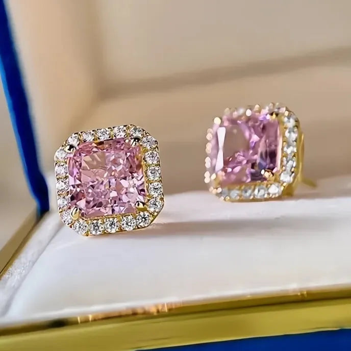 Princess Pink Cubic Zirconia Geometric Stud Earrings Gold Color Copper Alloy Jewelry for Women Wedding