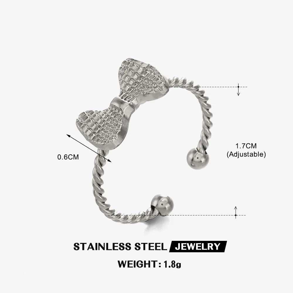 Gold Plated Adjustable Stainless Steel Mini Bowknot Ring Ribbed Twist Circle Jewelry