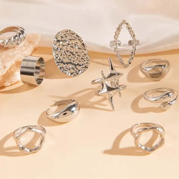 10Pcs Women's Chunky Gold Star Rings Set Geometric Fashion Jewelry