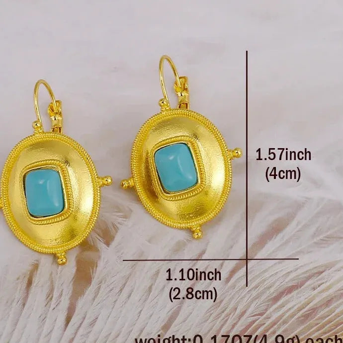 Vintage Gold Color Ornate Zinc Alloy Drop Earrings Women Ethnic Turquoise