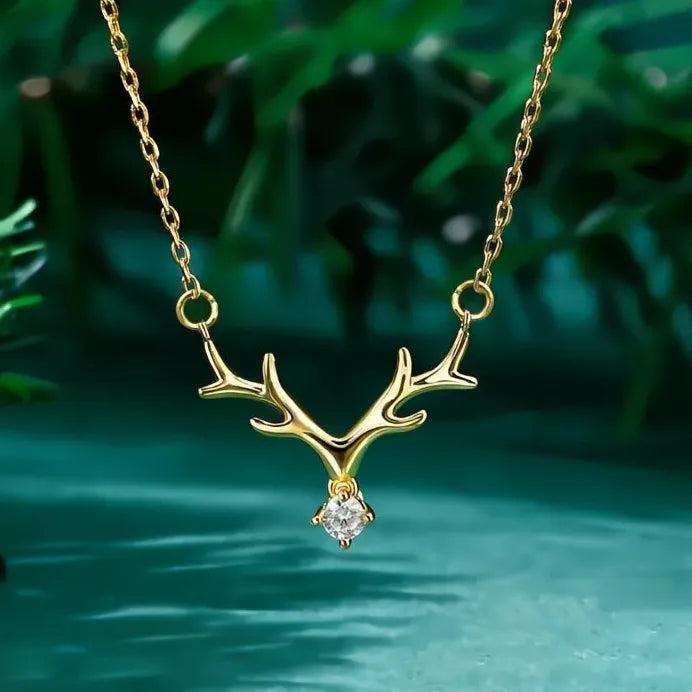 Women’s Elk Antler Pendant Necklace with Sparkling Cubic Zirconia Charm