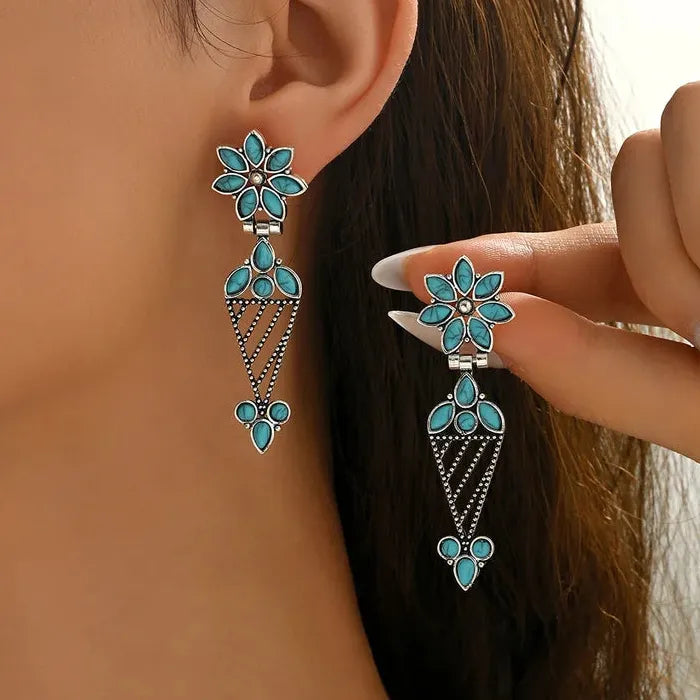Retro Bohemian Hollow Flower Turquoise Drop Earrings Zinc Alloy for Women