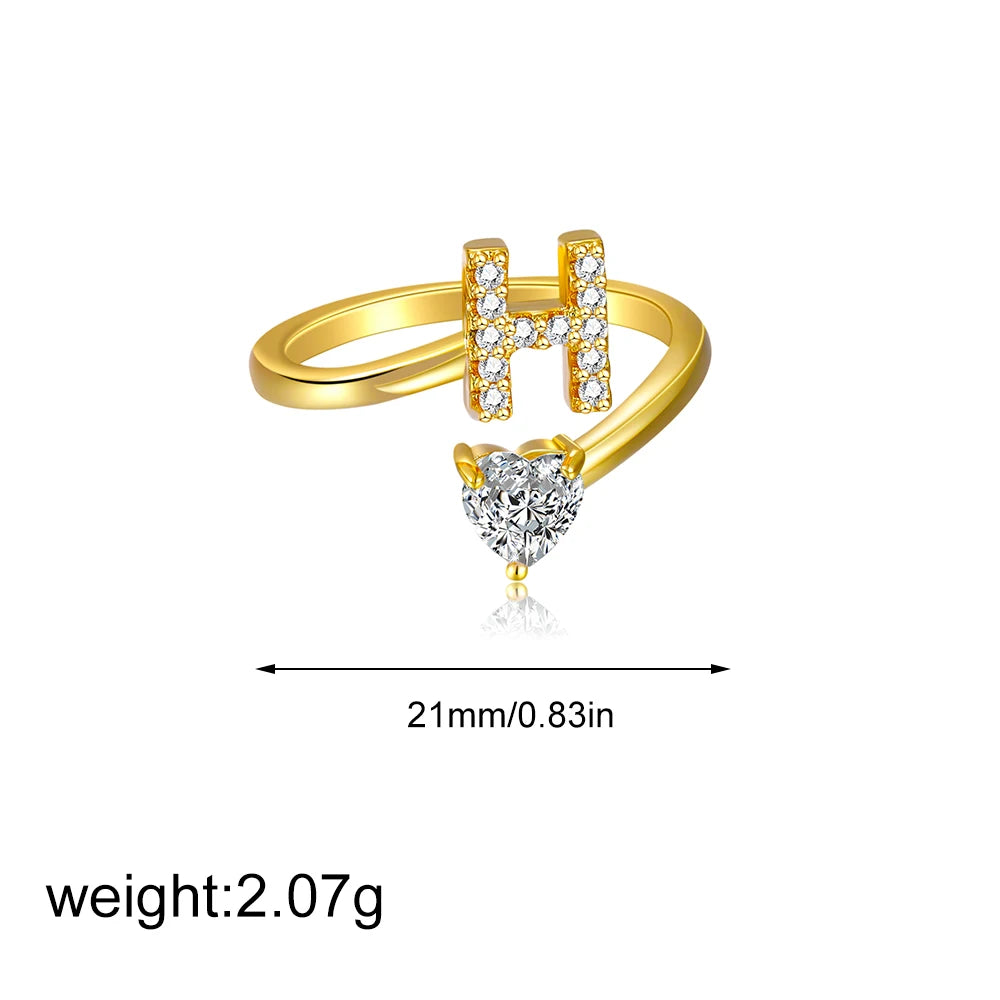 Polished Gold Plated Copper A-Z Letter Initial Ring with Zircon Heart Wedding Jewelry