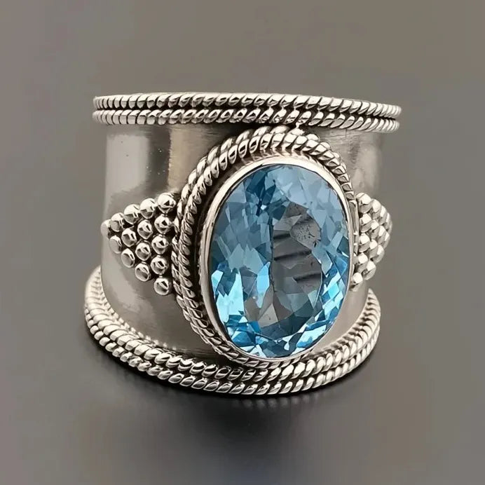 Silver Wide Blue Cubic Zirconia Cocktail Ring for Women Anniversary Party